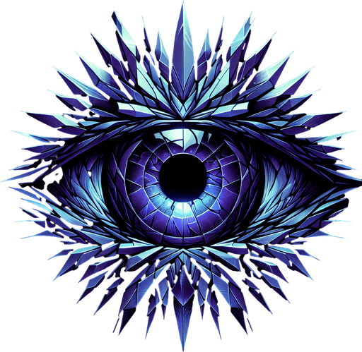 A sharply focused eye symbol in deep indigo color. Could also be a fractured mirror shard reflecting light, or an indigo crystal with internal sparks/light flashes..
Single Game Texture.  In-Game asset.  2d.  Blank background.  High contrast.  No shadows