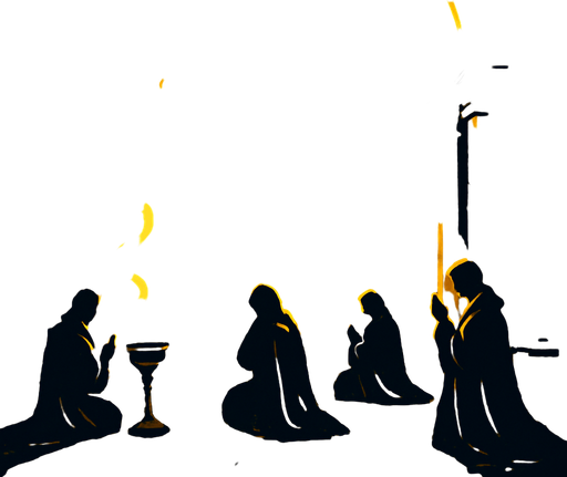 A golden medieval temple with wide columns, sun shining through stained glass, incense rising, pilgrims praying in silence.
In-Game asset.  2d.  High contrast.  No shadows