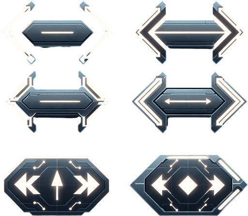 A set of dynamic, futuristic arrow indicators designed for a top-down 2D game. Each arrow is sleek and glowing, with a minimalistic design to fit a sci-fi aesthetic. The set includes four arrows pointing in cardinal directions: up, down, left, and right. These arrows have a subtle animated glow effect and are designed to overlay on a game floor to indicate navigable doorways after clearing a room. They are semi-transparent to avoid obstructing the gameplay view..
Single Game Texture. In-Game asset. 2D. Blank background. High contrast. No shadows. Includes four glowing arrows for cardinal directions (up, down, left, right). Designed for overlay on the game floor, semi-transparent with a glowing effect.