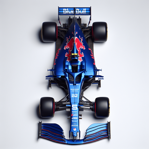 RedBull F1 race car. Top view. Royalblue body with Shinyred lines on sides. Silver bull-body. Silver ,,BlueBull" sponsors..
Single Game Texture. In-Game asset. 2d. Blank background. High contrast. No shadows.