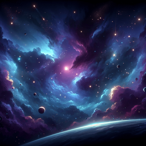 A vibrant and dynamic 2D space background for a top-down space shooter game. The scene features a deep, dark space filled with glowing nebulae in shades of blue and purple, scattered distant stars, and swirling cosmic dust. A subtle parallax effect is suggested with faintly glowing planets and asteroids in the background. The atmosphere is slightly mysterious and futuristic, with soft light gradients to create depth. The overall tone is immersive but does not distract from gameplay, ensuring clear visibility of player and enemy ships..
Single Game Texture.  Blank background.  High contrast.  No shadows