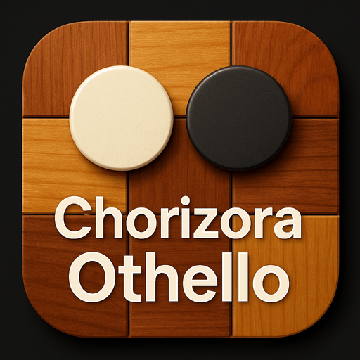 Modern App Store icon, high definition, square with rounded corners, different othello game squares cells of wood, different wood, different colors, HD colors, for a game titled "Chorizora Othello" and without the description "A territorial strategy game where players flip opponent pieces by trapping them between their own pieces on a 10x10 grid.". with text on the middle of the icon "Chorizora Othello"!