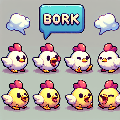 Chicken chicks with small bork speech bubbles.
Single Game Texture.  In-Game asset.  2d.  Blank background.  High contrast.  No shadows