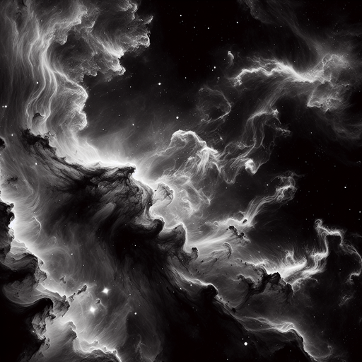 space image stylised gas clouds, black and white image, low contrast