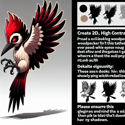 flyin evil woodpecker bird.
Single Game Texture.  In-Game asset.  2d.  Blank background.  High contrast.  No shadows