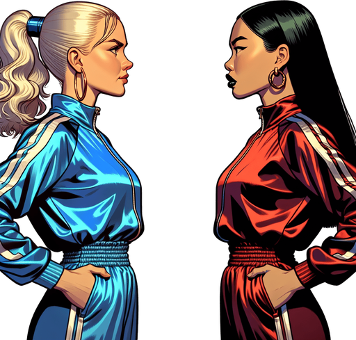 Breast to breasts. Друг против друга стоят. eye to eye. Beautiful blonde norwegian girl in satin track jacket tracksuit color blue vs beauty brunette asian girl in silk track jacket tracksuit color red. Руки за спиной грудь вперед. Смотрят боком стоят в профиль гордо подбородок вверх. Cartoon comics. Во весь рост. Гордые, красивые, злые, раздраженные, с призрением смотрят, скривили губы. Tracksuit track jacket shiny satin. Ноги в кроссовках, блондинка в белых кроссовках, брюнетка в черных кроссовках спорт. Драка бой удары борьба.
Single Game Texture. In-Game asset. 2d. Blank background. High contrast. No shadows.