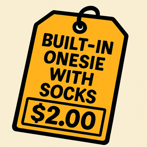 Price tag that says built-in onesie with socks $2.00.
In-Game asset.  2d.  High contrast.  No shadows