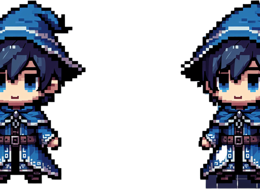 blue chibi mage 8 bit image.
Single Game Texture.  In-Game asset.  2d.  Blank background.  High contrast.  No shadows