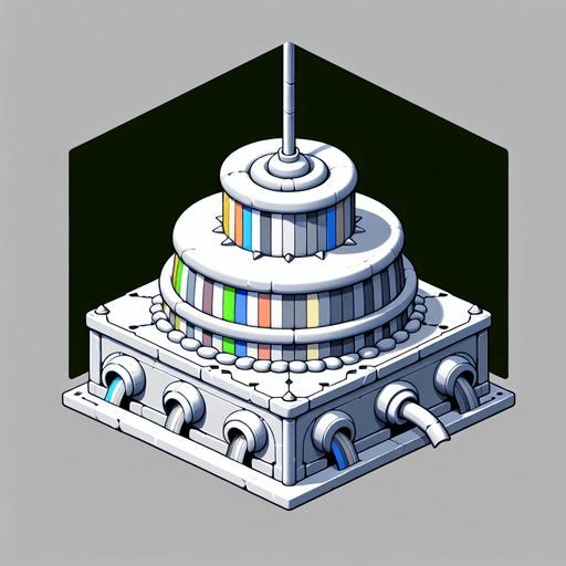 Vue de face centrée d'une machine magique en forme de pièce montée arc-en-ciel avec une petite entrée d'alimentation en bas au milieu, un très grand hublot central et un tube transparent dirigé vers le haut..
Single Game Texture.  In-Game asset.  2d.  Blank background.  High contrast.  No shadows