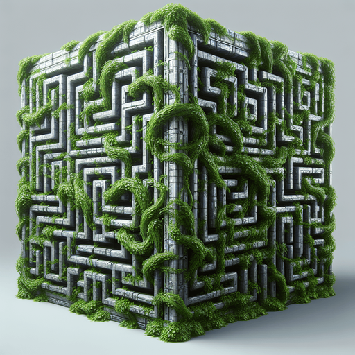 a big metal maze with vines covering it everyware.
Single Game Texture.  In-Game asset.  2d.  Blank background.  High contrast.  No shadows