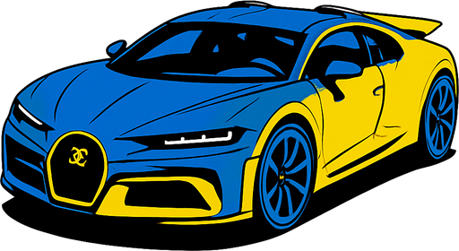 Bugatti veyron but 2025 model and blue and yellow.
In-Game asset.  2d.  High contrast.  No shadows