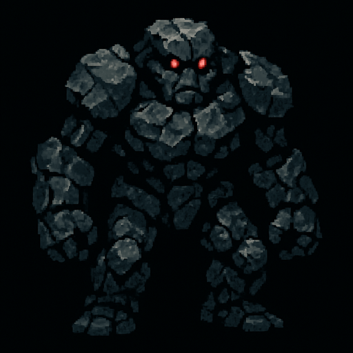 Kocaman kayadan oluşan golem kırmızı parıldayan gözlere sahip dark souls style 2d pixel art.
In-Game asset.  2d.  High contrast.  No shadows