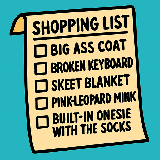 Shopping list that says Big ass coat, Broken keyboard, skeet blanket, pink leopard mink, built-in onesie with the socks.
In-Game asset.  2d.  High contrast.  No shadows