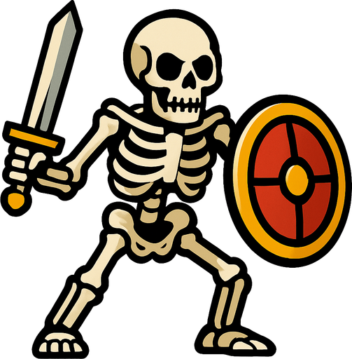 un esqueleto con espada y escudo.
In-Game asset.  2d.  High contrast.  No shadows