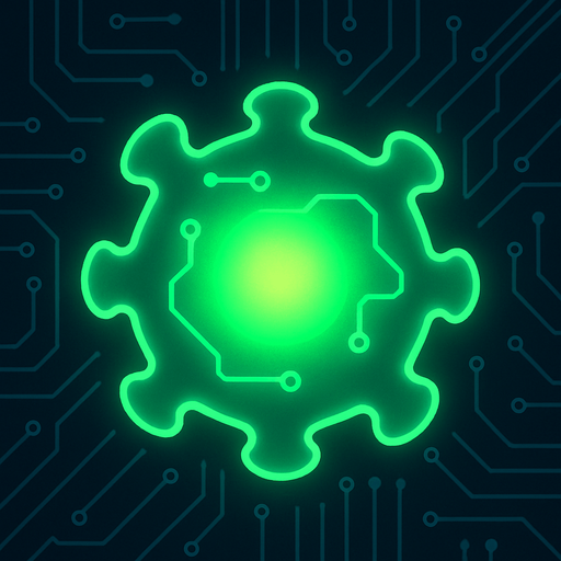 topdown view, simple digital virus blob, glowing green core, minimal circuit-like lines on surface, smooth rounded shape, fits motherboard environment, futuristic style.
In-Game asset.  2d.  High contrast.  No shadows