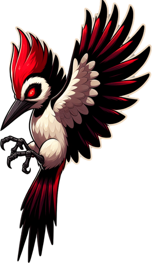 flyin evil woodpecker bird.
Single Game Texture.  In-Game asset.  2d.  Blank background.  High contrast.  No shadows