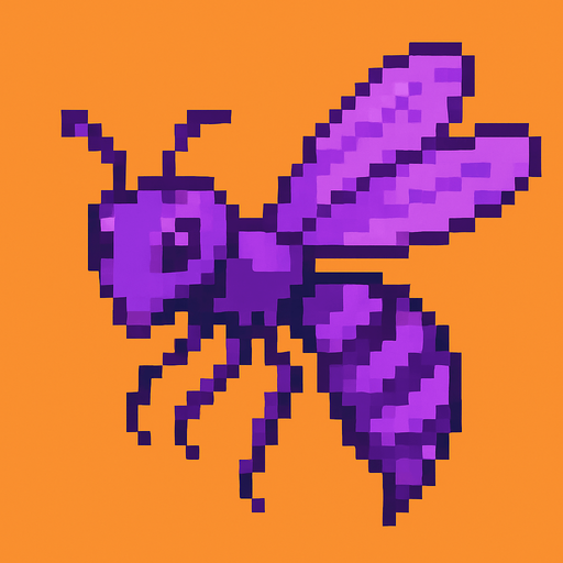 Genera una imagen de una avispa no terroríficas, pixel y que sean moradas. Que sea corrupta
In-Game asset.  2d.  High contrast.  No shadows