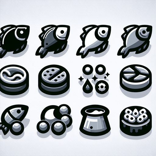набор иконок в одном стиле. Иконка рыбы и корма для нее.
Single Game Texture.  In-Game asset.  2d.  Blank background.  High contrast