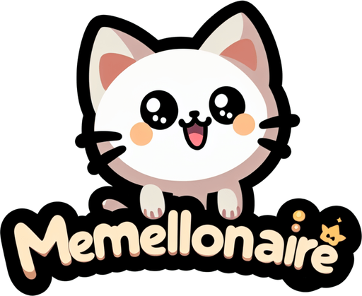 Text saying 'Memellionaire'. cute, cartoony font. looks like a sticker. feline themed.
Single Game Texture. In-Game asset. 2d. Blank background. High contrast. No shadows.