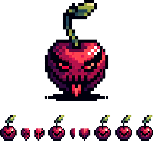 a demonic cherry, pixel style.
Single Game Texture.  In-Game asset.  2d.  Blank background.  High contrast.  No shadows
