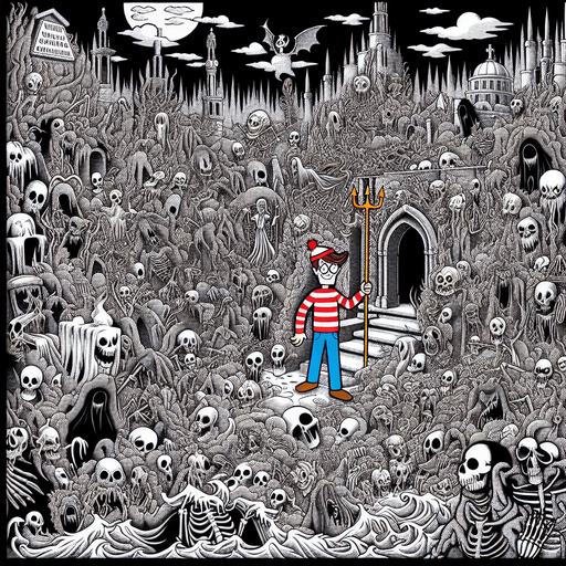 Generate a high quality cartoon background Halloween image on a black canvas similar to the format of where is waldo with a hellish environment.
Single Game Texture. In-Game asset. 2d. Blank background. High contrast. No shadows.