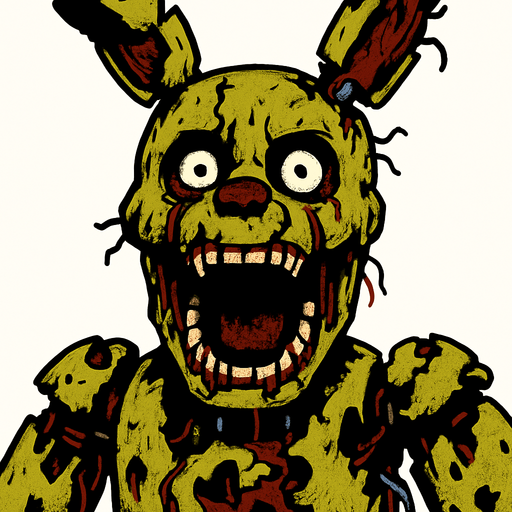 kanlı ve solmuş bir animatronik springtrap bağırıyor.
In-Game asset.  High contrast.  No shadows