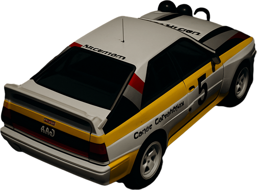 Photorealistic white audi b2 quattro RALLYCAR with YELLOW LIVERY AND red,grey,black stripes livery, drone topview from back in night. Angle should be 45 degrees in the top right corner of the screen.