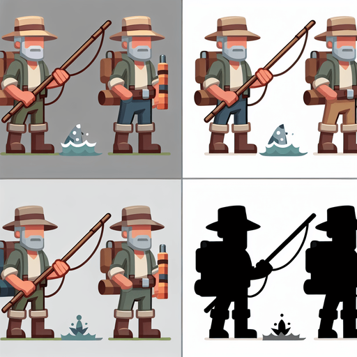 balıkçı animasyon şeklinde.
Single Game Texture.  In-Game asset.  2d.  Blank background.  High contrast.  No shadows