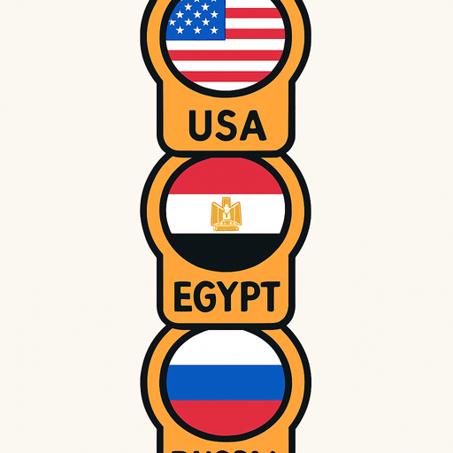 A flat, 2D game UI-style asset showing a vertical set of three country pins labeled: "USA", "Egypt", and "Russia". Each pin includes a circular flag icon above the text label. The layout is columnar, cartoonish, and visually clean. Each pin should be exportable or usable individually for a mobile game's level selection screen..
In-Game asset.  2d.  High contrast.  No shadows