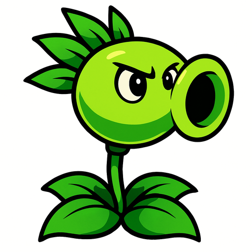 Una planta de color verde brillante, con un cuerpo principal esférico que se estrecha hacia adelante para formar una boca grande y redonda. De la parte posterior de su cabeza, brotan varias hojas puntiagudas. Tiene dos ojos grandes y redondos, con pupilas negras, y su expresión es decidida. Su tallo es delgado y verde, anclado en un grupo de hojas más grandes en la base..
In-Game asset.  High contrast.  No shadows