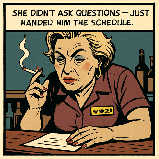A comic panel styled like a square photo print with a clean white border. Realistic comic art. Scene: Close-up of a middle-aged woman with bold makeup, cigarette in hand, leaning over the bar. Her name tag reads “Manager.” Narrator box at the top reads: “She didn’t ask questions — just handed him the schedule.”.
In-Game asset.  2d.  High contrast.  No shadows