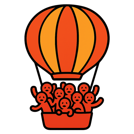 Hot air balloon full of red stickmen.
In-Game asset.  2d.  High contrast.  No shadows