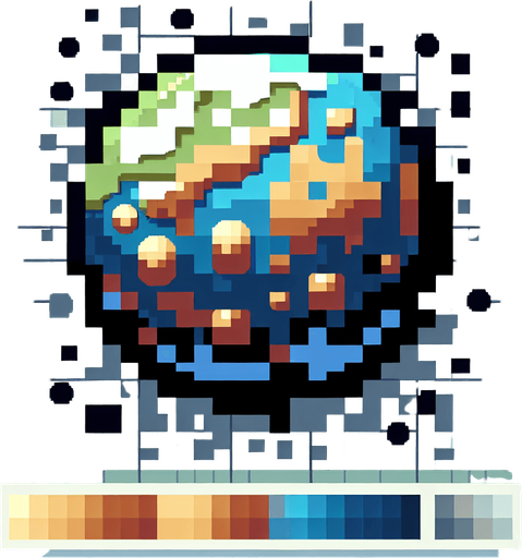 pixel art of a tiny planet.
Single Game Texture. In-Game asset. 2d. Blank background. High contrast. No shadows.