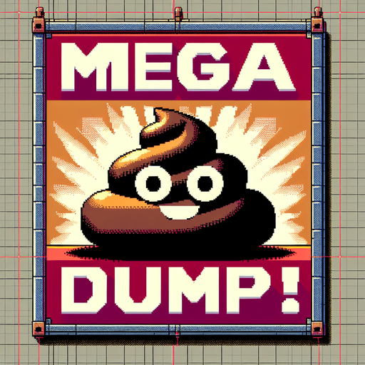 text saying "Mega Dump!" against a giant poop banner. pixelated. 8-bit.
Single Game Texture. In-Game asset. 2d. Blank background. High contrast. No shadows.