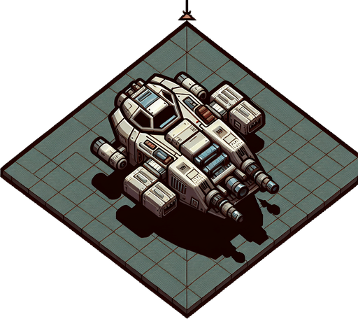 Top down view of Small personal space fighter with large gun at the front.
Single Game Texture. In-Game asset. 2d. Blank background. High contrast. No shadows.
