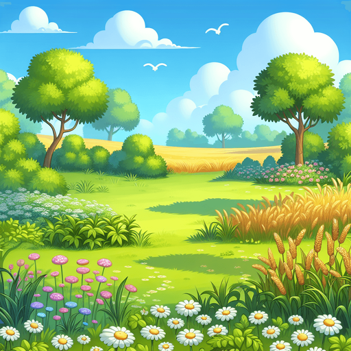A beautiful meadow in summer, seen in perspective from a low altitude plane..
Single Game Texture. In-Game asset. 2d. Blank background. High contrast. No shadows.