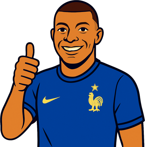 Kylian Mbappé wıth france futboll tshirt makıng thumbsup.
In-Game asset.  2d.  High contrast.  No shadows