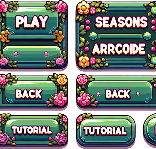 A sprite sheet with menu buttons for a game. Rectangular buttons say “Play” “Seasons” “Arcade” “Back” and “Tutorial”. Font should be stylized and include flowers on the edges. Vivid cartoon graphics. Color scheme should be greens with, pink and yellow. 
Single Game Texture. In-Game asset. 2d. Blank background. High contrast. No shadows.