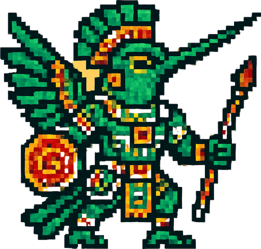Generame un guerrero voaldor Colibrí esmeralda del Chiribiquete estilo azteca con patrones, estilo pixelar.
In-Game asset.  2d.  High contrast.  No shadows