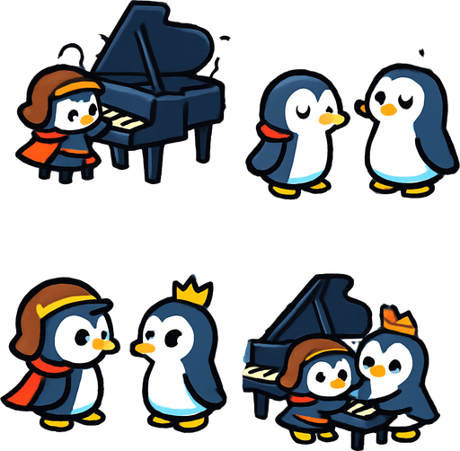 4-panel comic strip, no text, cute cartoon style, bright colors, black outlines.
Characters: Penguin Hero (small, determined) + Penguin Princess (elegant, crown) + Village Penguins
Central Theme: Music connects hearts, piano mastery wins love. Story: Hero's grand performance wins Princess's heart and village's admiration

Panel 1: Hero plays grand piano on large ice stage, whole village watching
Panel 2: Beautiful music fills the air, all penguins are enchanted, notes sparkle
Panel 3: Princess approaches Hero, heart symbols floating between them
Panel 4: Hero and Princess together at piano, playing duet, village celebrates with hearts/music notes everywhere.
In-Game asset.  2d.  High contrast.  No shadows