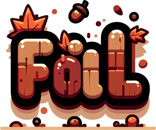 Create an SVG text design for "FALL" in bold cartoon style with chunky rounded letters. Add small falling leaves and acorn accents in warm autumn colors.​​​​​​​​​​​​​​​​.
Single Game Texture. In-Game asset. 2d. Blank background. High contrast. No shadows.