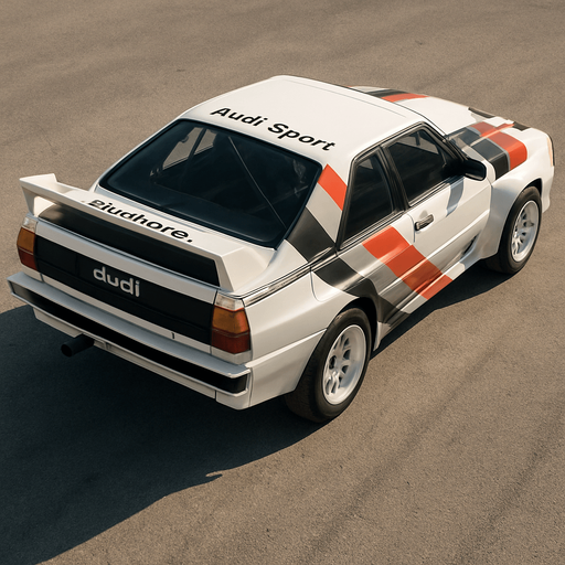 Photorealistic white audi b2 quattro RALLYCAR with red,grey,black stripes livery, drone topview from back. Angle should be 45 degrees in the top right corner of the screen.