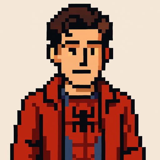 pixel art peter parker.
In-Game asset.  2d.  High contrast.  No shadows