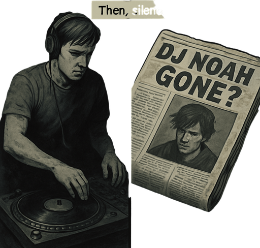 Realistic comic book style, 2048x2048. Split-frame design: left half shows Noah mid-performance dissolving into shadows; right half shows a crumpled newspaper with the headline "DJ NOAH GONE?". Desaturated colors, somber mood. Add a transparent narrator box at the top-center with the text: "Then, silence." in comic font..
In-Game asset.  2d.  High contrast.  No shadows