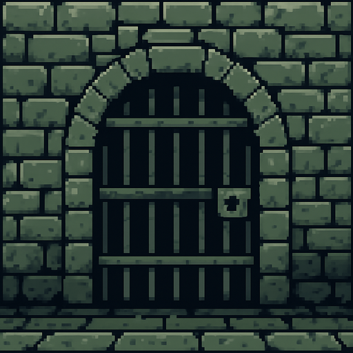 Background image of gate leading into a dark dungeon. Walls are grey and mossy stones. Retro pixel art..
In-Game asset.  2d.  High contrast.  No shadows
