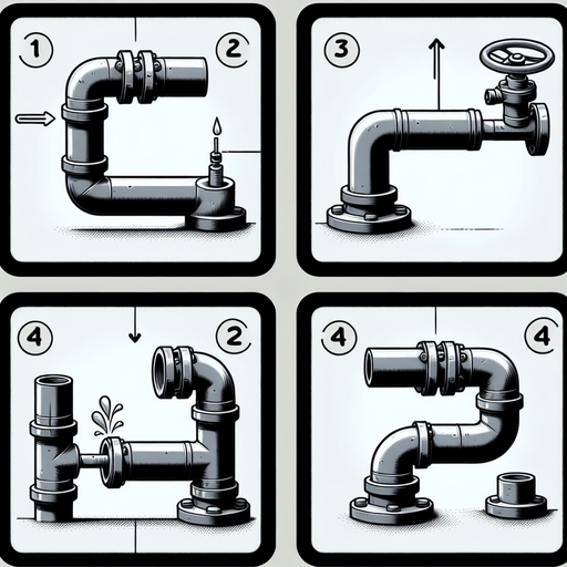Create four perfectly square tiles, each featuring ONE VERY SIMPLE segment of water pipe for a puzzle video game:
Straight Pipe: One tile should feature a straight pipe segment with an entrance on the right side center and an exit on the left side center.
Corner Pipe: One tile should display a corner pipe segment with an entrance on the right side center and an exit at the top center.
Half Pipe with Valve: One tile should include a half pipe segment with an entrance on the right side center and a valve located at the center of the pipe.
Half Pipe with Bend:One tile should depict a half pipe segment with an entrance on the right side center, bending at the center towards the back (away from the viewer).