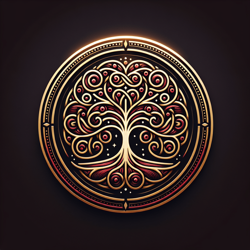 A circular emblem with a tree at its center, its branches intertwining with a glowing red lineage symbol..
Colors: Deep red, gold, and subtle white highlights.