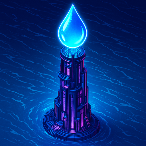 Top down isometric neon cyberpunk anime talk futuristic tower spire 3d ocean glowing hd large blue water drop hologram over top