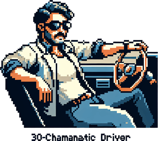 pixel art image of a 30-year-old cool-looking driver guy in a vintage retro 1980s style, depicted in a 3/4 view. The driver should be leaning back casually, exuding confidence and style, with one hand on the wheel as if driving. Single Game Texture. In-Game asset. 2d. Blank background. High contrast. No shadows.