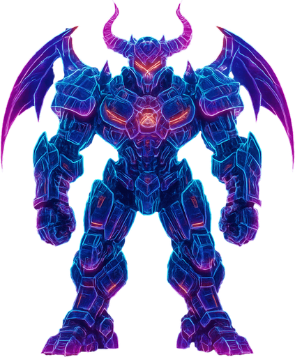 Neon cyberpunk 3d hologram corporate occult demon android mecha robot sentinel guard soldier machine monster fully in frame no part cut off no background anime futuristic